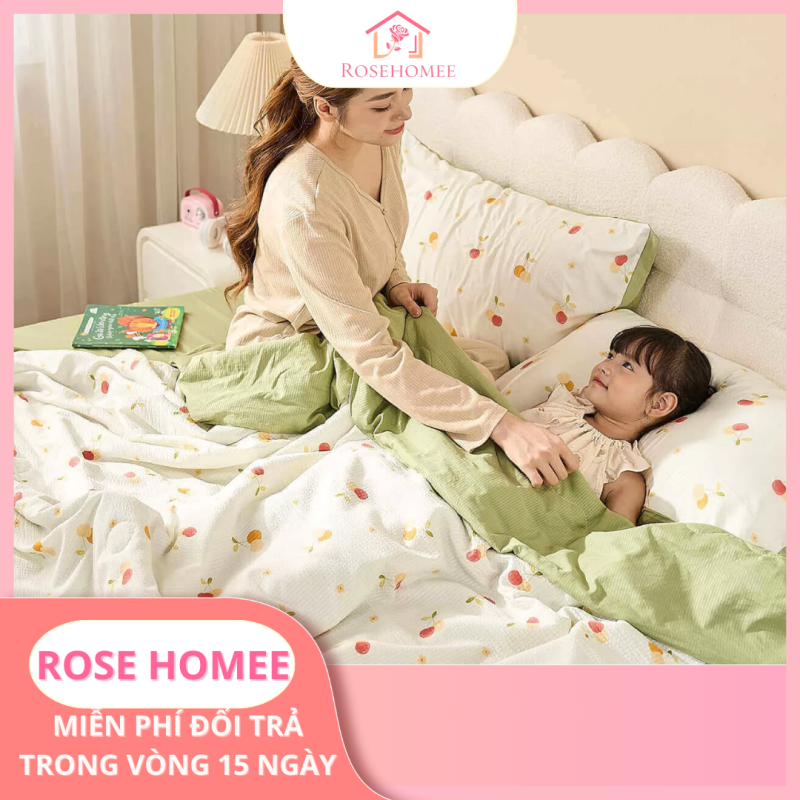 Hình ảnh bộ chăn ga vải đũi màu xanh